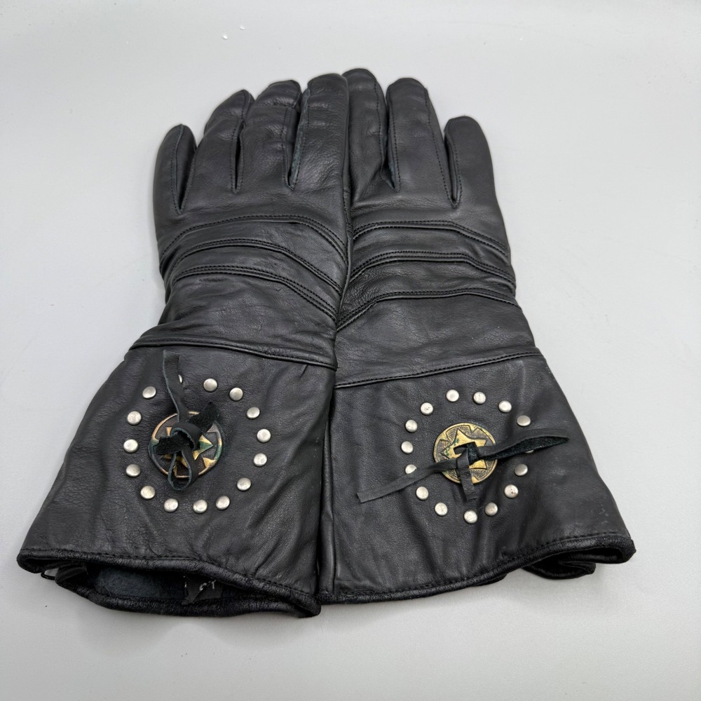Vintage Studded Leather Motorcycle Gauntlet Gloves Womens XS Black Riding Gear
